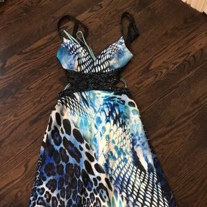 Long blue light blue and black leopard dress